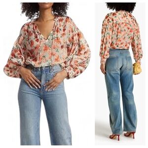 Alice + Olivia Julius Blouse Top Silk Blend Floral Tie Sheer Long Sleeve Small